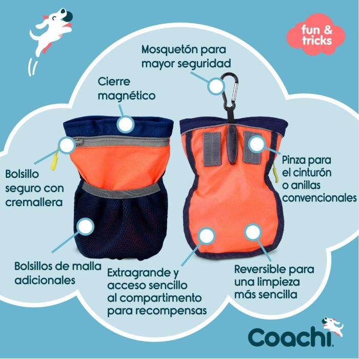 Coachi Pro Train & Treat Bag - Bolsa de Recompensas Grande para Adiestramiento y Paseo Perros Azul-Coral con Cierre Magnético y Bolsillo 7