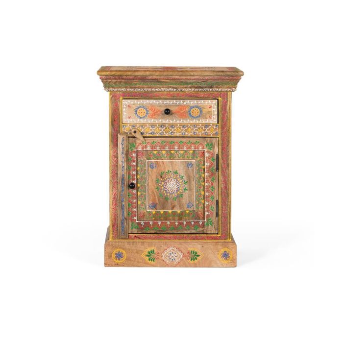 GINER Y COLOMER Mesita de Noche de Madera de Mango con Cajón y Puerta, Pintada a Mano, Multicolor 1