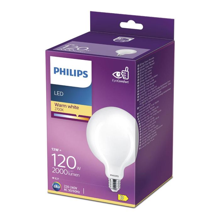 Bombilla globo led e27 13w 2000lm 2700k luz calida ø12,4x17,7cm philips 1