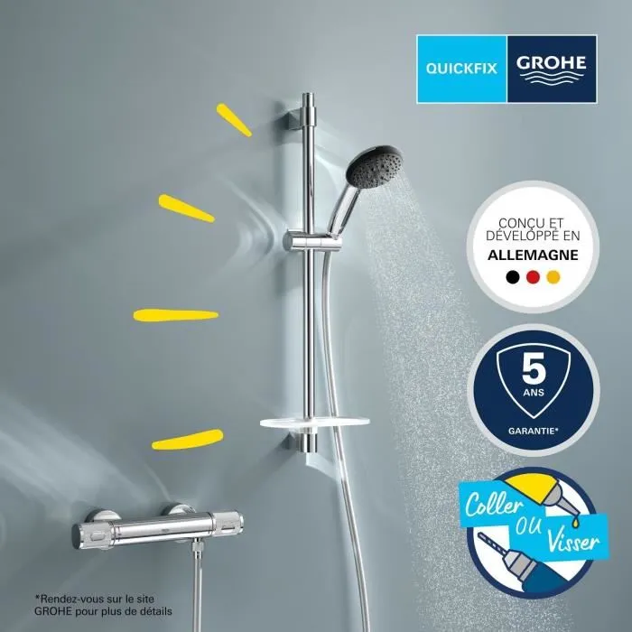 Grohe 34791001 Set de Ducha Termostático con Rociador 3 Chorros, Barra 60cm y Flexo, Ahorro Agua, Cromo 1