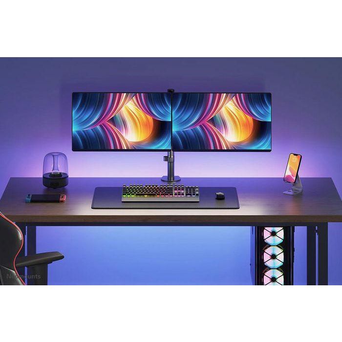 Neomounts Full Motion Dual Desk Mount (Clamp & Grommet) For Two 10-32" Monitor Screens, Height Adjustable - Black 18 Neomounts Full Motion Dual Desk Mount (Clamp & Grommet) For Two 10-32" Monitor Screens, Height Adjustable - Black 18