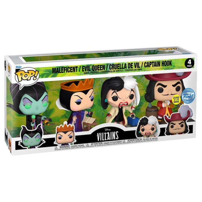 FUNKO Blister 4 figuras POP Disney Villanas: Maléfica, Reina Malvada, Cruella de Vil, Capitán Garfio