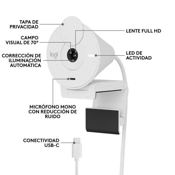 Logitech Brio 300 Webcam Blanco Crudo - 1080p/30 fps, Campo Visual 70°, Micrófono Mono, USB-C 3 Logitech Brio 300 Webcam Blanco Crudo - 1080p/30 fps, Campo Visual 70°, Micrófono Mono, USB-C 3
