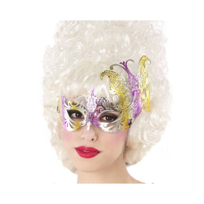 Antifaz Morado Carnaval Mujer Adulto con Detalles Dorados y Plumas 0 Antifaz Morado Carnaval Mujer Adulto con Detalles Dorados y Plumas 0