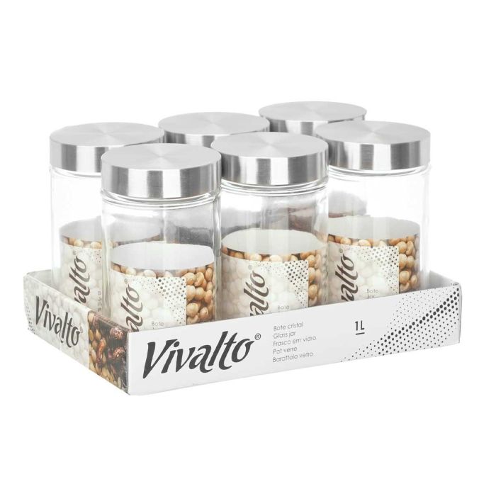 Vivalto Bote de Cristal Redondo 1L con Tapa de Acero - Vidrio y Acero, Transparente y Plata, 9.8 x 17.5 x 9.8 cm (Set de 24) Vivalto Bote de Cristal Redondo 1L con Tapa de Acero - Vidrio y Acero, Transparente y Plata, 9.8 x 17.5 x 9.8 cm (Set de 24)
