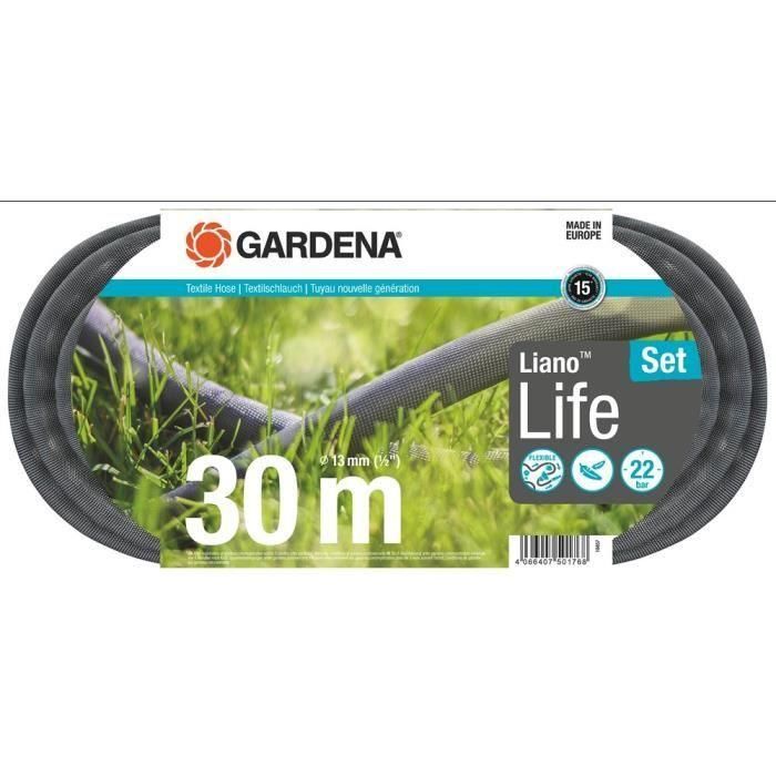 Kit de manguera Liano Life 30m - Resistencia a la presión: 22 bar - Longitud: 30m Ø Int. 13 mm - 18457-20 Kit de manguera Liano Life 30m - Resistencia a la presión: 22 bar - Longitud: 30m Ø Int. 13 mm - 18457-20