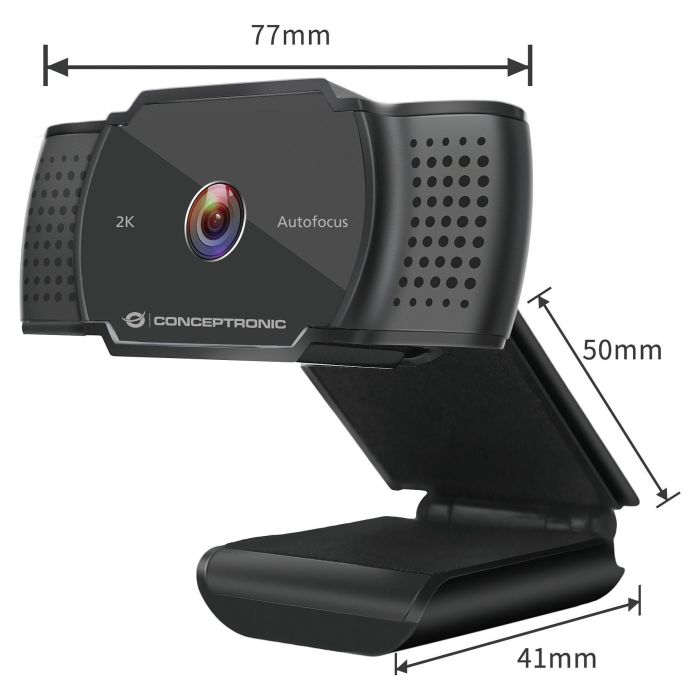 Conceptronic AMDIS02B Webcam 2K 5MP con Enfoque Automático y Micrófono con Reducción de Ruido, USB Negro