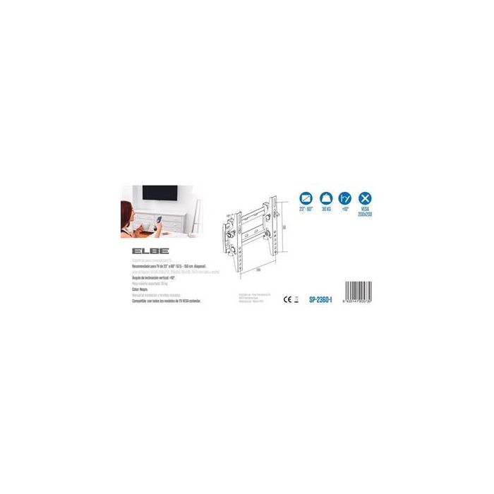 Elbe SP-2360-I Soporte Pared Inclinable para TV 23'-60' Hasta 30KG, Compatible VESA 50x50-200x200, Inclinación 10° 2 Elbe SP-2360-I Soporte Pared Inclinable para TV 23'-60' Hasta 30KG, Compatible VESA 50x50-200x200, Inclinación 10° 2