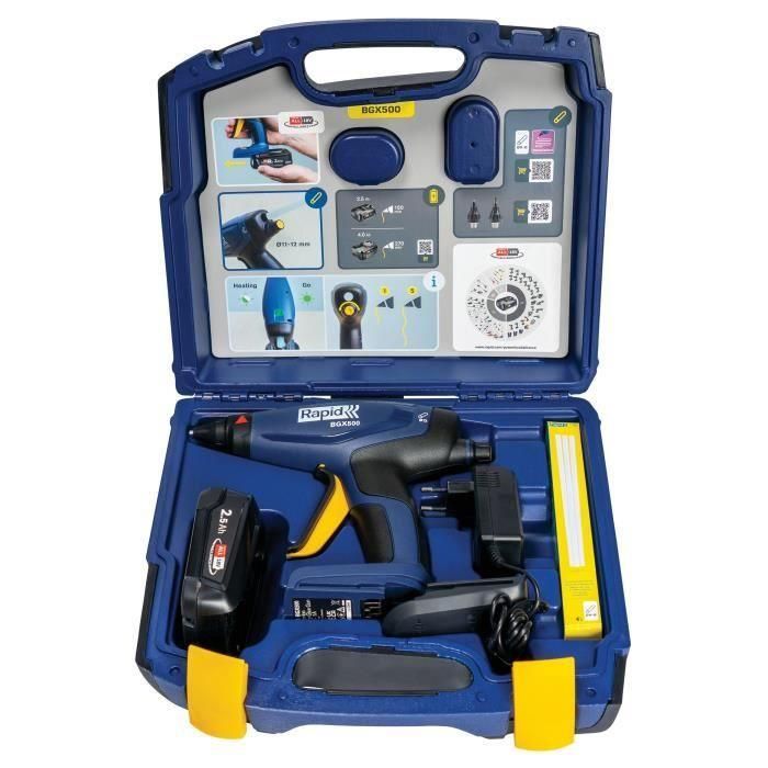 Rapid BGX500 Pistola de pegamento 18V a batería, 900 g/h, con Maletín, Batería 2.5Ah y Cargador 3
