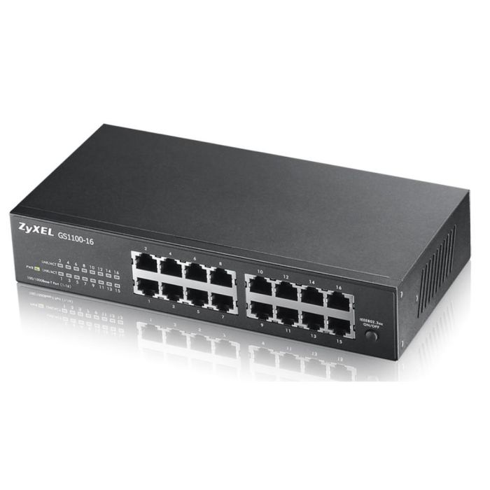 Zyxel GS1100-16 - Switch 16 Puertos Gigabit Ethernet No Administrado, 32 Gbit/s, Montaje en Rack, Fuente Incluida - EU0103F
