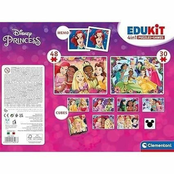 Clementoni - Edukit - Princesas Disney - Caja de aprendizaje 4 en 1 - 2 rompecabezas, 1 nota, 1 juego de 6 cubos - Made in Italy 1