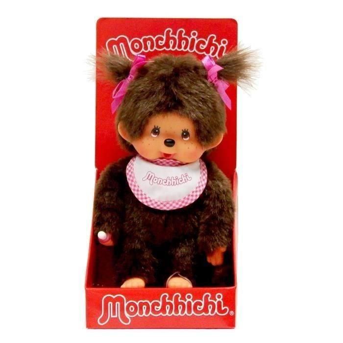 Bandai Monchhichi Muñeco de Peluche con Chupete y Babero Rosa para Niñas, 20 cm 1
