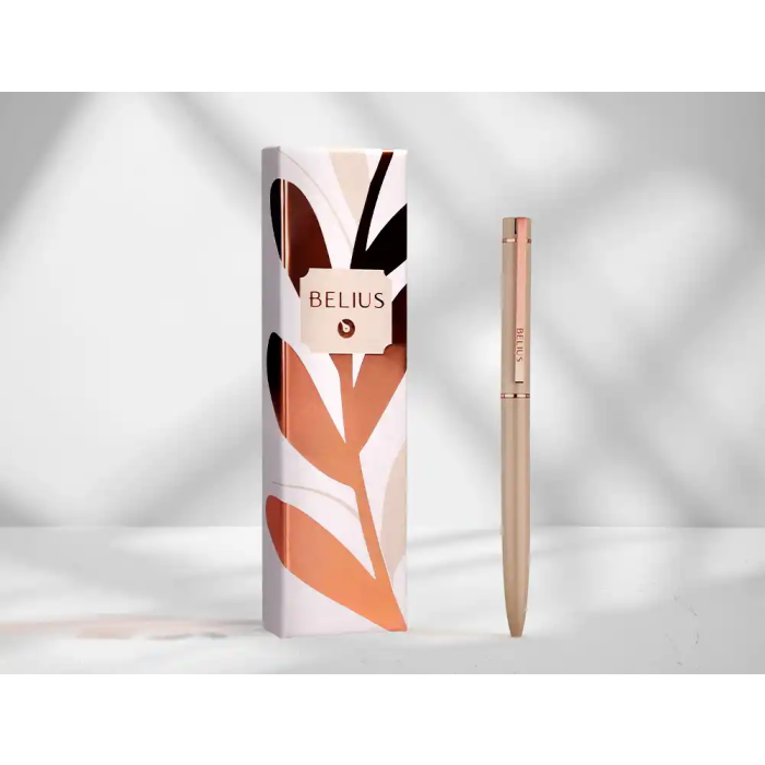 Belius Boligrafo Rose Aluminio Beige Claro Oro Rosa Tinta Azul Caja Diseño Elegante 1