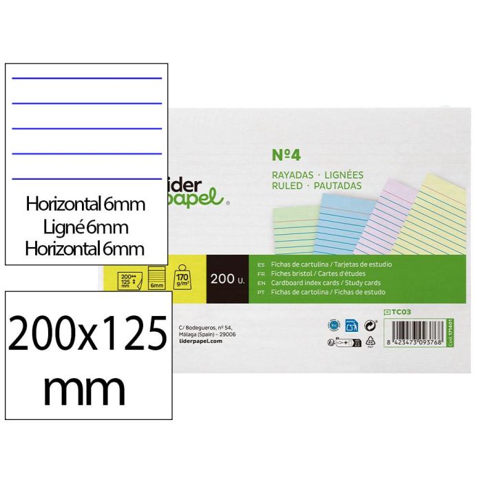 Tarjeta Liderpapel Para Estudiar Rayada Cartulina De Colores 170 gr-M2 125x200 mm Paquete De 200 Unidades