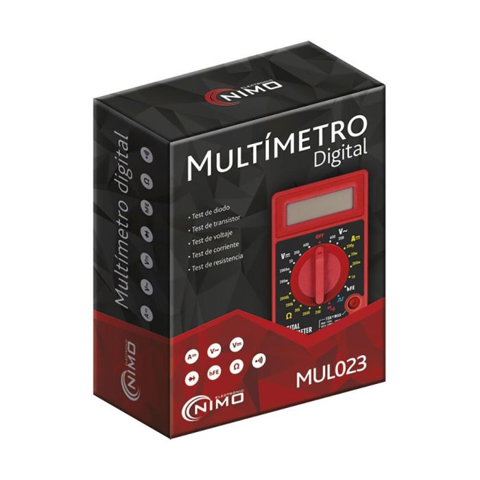Nimo Multímetro Digital 3 1/2 Dígitos CAT.II 600V, Mide Voltaje, Corriente, Resistencia, HFE, Diodos, Incluye Pinzas de Prueba 1 Nimo Multímetro Digital 3 1/2 Dígitos CAT.II 600V, Mide Voltaje, Corriente, Resistencia, HFE, Diodos, Incluye Pinzas de Prueba 1