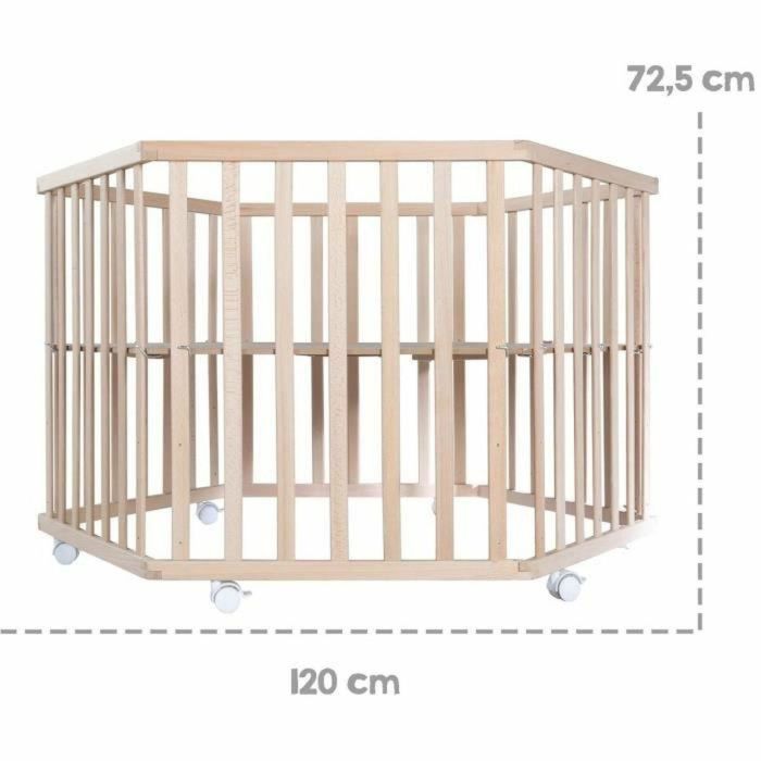 Roba Parque infantil hexagonal - Altura regulable - Base extraíble - 6 ruedas con freno - Madera natural - Diseño de osito de peluche 1