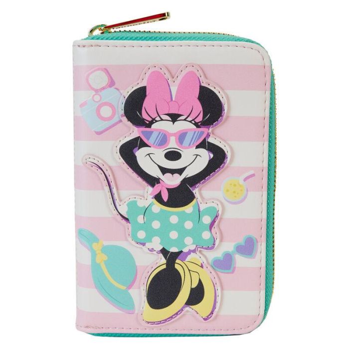 Loungefly Cartera Minnie Mouse Vacation Style de Piel Vegana con Cremallera - 15x10cm, Detalles Bordados y Apliques