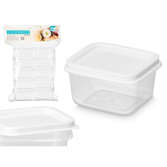 Set 10 Botes Cuadrados Leknes 100 ml, 15x24x5.5 cm, Blanco/Transparente, PP (24 Unidades) Set 10 Botes Cuadrados Leknes 100 ml, 15x24x5.5 cm, Blanco/Transparente, PP (24 Unidades)