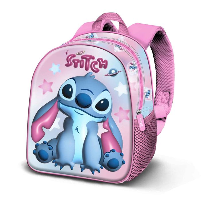 Disney Lilo y Stitch Mochila 3D Elite Cosmic Preescolar Rosa con Relieve Frontal y Bolsillo Lateral de Malla, Espalda y Correas Acolchadas