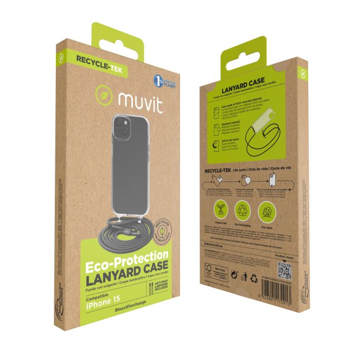 Muvit Funda Recycletek para iPhone 15 - Transparente, Ecológica, Certificación GRS 9 Muvit Funda Recycletek para iPhone 15 - Transparente, Ecológica, Certificación GRS 9