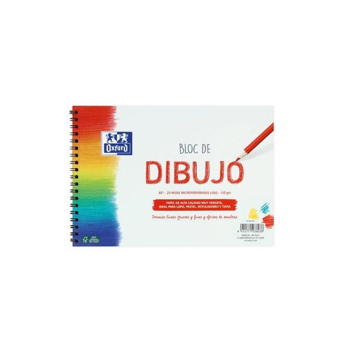 Oxford Bloc Dibujo Escolar T-Blanda Espiral Microperforado 20H 130 gr A5+ Liso Blanco