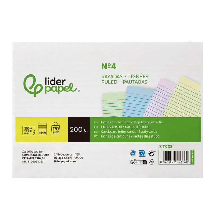 Tarjeta Liderpapel Para Estudiar Rayada Cartulina De Colores 170 gr-M2 125x200 mm Paquete De 200 Unidades 1