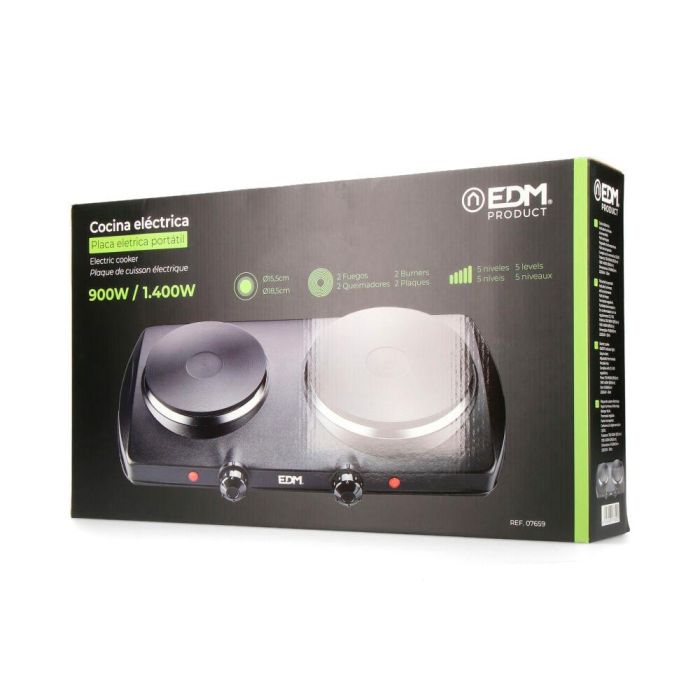 Edm Cocina eléctrica 2 fuegos ce/a13 1400W negra, 5 niveles de potencia, fácil de limpiar 1 Edm Cocina eléctrica 2 fuegos ce/a13 1400W negra, 5 niveles de potencia, fácil de limpiar 1