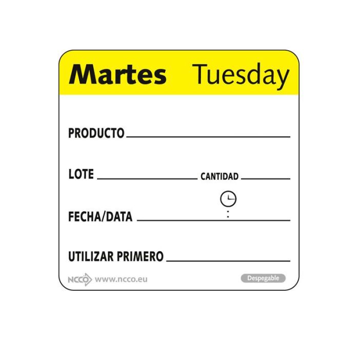NCCO SRIDU2202 - Rollo de 500 etiquetas - "MARTES" - 5 x 5 cm - Blanco y amarillo - Venta 1 unidad.