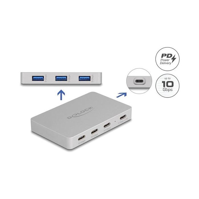 DeLOCK Hub USB 7 Puertos (4x USB-C, 3x USB-A) con Power Delivery 82W, USB 3.2 Gen 2, 10 Gbps, Aluminio Gris 1 DeLOCK Hub USB 7 Puertos (4x USB-C, 3x USB-A) con Power Delivery 82W, USB 3.2 Gen 2, 10 Gbps, Aluminio Gris 1