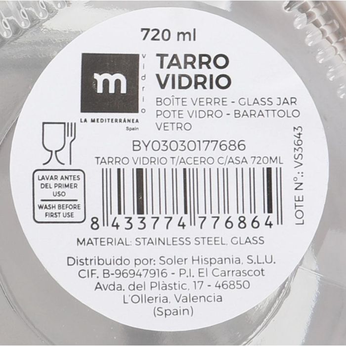 La Mediterranea Tarro de Vidrio con Tapa de Acero y Asa 720 ml (24 Unidades)