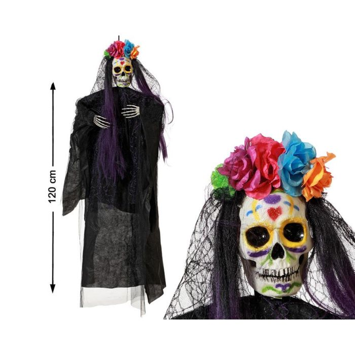Figura Colgante Calavera Con Flores Y Vestido Negro 120 cm