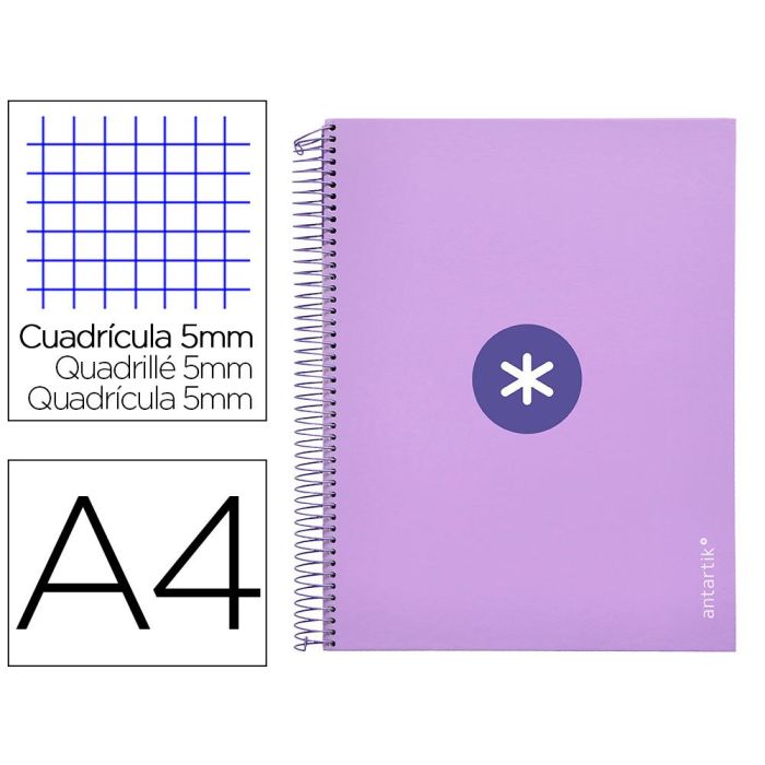 Cuaderno Espiral A4 Micro Antartik Tapa Forrada 120H 90 gr Cuadro 5 mm 5 Bandas 4 Taladros Color Lavanda