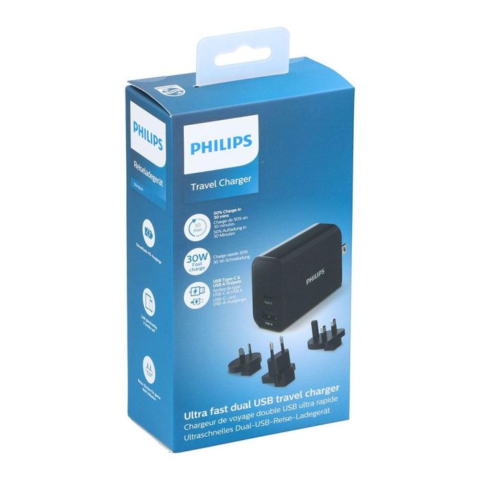Philips Cargador de Viaje Ultra Rápido USB Tipo C 30W con Adaptadores de Enchufe Internacional Aus, Uk, Eu, Us 1