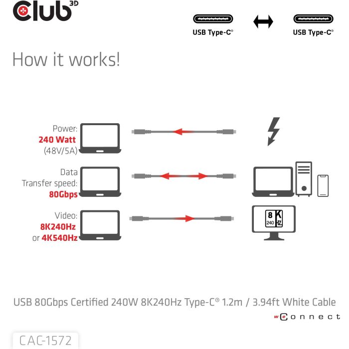 Club3D Kabel USB-C 80Gbps zertifi. PD240W/8K240Hz 1.2m weiß 3 Club3D Kabel USB-C 80Gbps zertifi. PD240W/8K240Hz 1.2m weiß 3