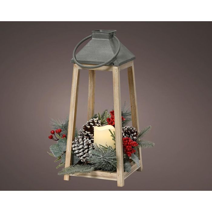 Lumineo Farol con vela led decorado con hojas de pino, piñas y bayas, luz blanca cálida, temporizador, 15x15x36 cm