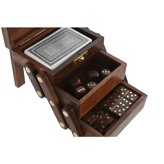 DKD Home Decor Juego de Mesa Colonial para Dominó y Cartas de Madera Sheesham Marrón y Dorado - Set de 4 piezas 10x10x13 cm