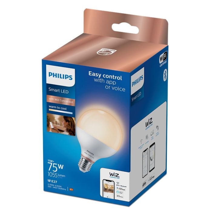 Bombilla globo e27 11w 2.700k-6.500k 1055lm wifi philips wiz 1