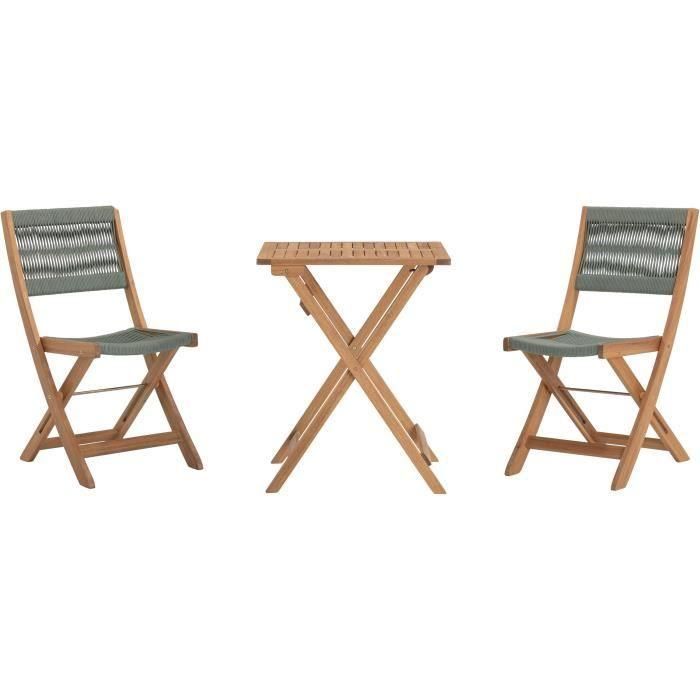 Conjunto de bistró plegable de madera de acacia FSC con tejido de cuerda verde oliva - 2 personas - MAKENA Conjunto de bistró plegable de madera de acacia FSC con tejido de cuerda verde oliva - 2 personas - MAKENA