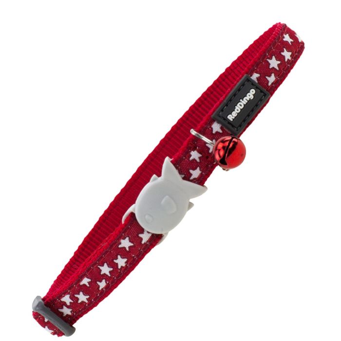 Red Dingo Collar Gato Ajustable Apertura Rápida Seguridad, Estrella Blanca Rojo, 20-32 cm, con Cascabel, Anilla K-Ring Acero Inoxidable, Nylon