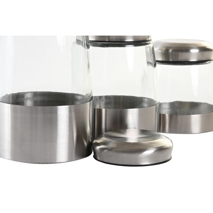 DKD Home Decor Bote Cristal y Acero Inoxidable Plateado Transparente con Cierre Hermético Set de 3 Piezas 12.5 x 12.5 x 21 cm 1