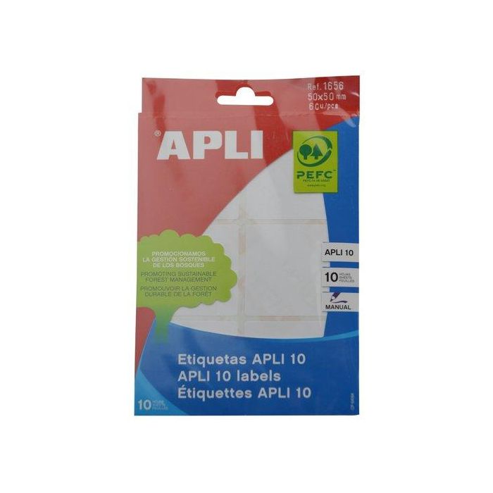 Apli Etiquetas Adhesivas Blancas 50x50 mm, Escritura Manual, Pack 10 Hojas (60 Etiquetas), Adhesivo Permanente