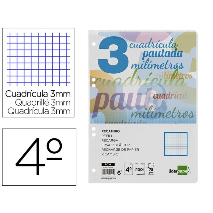 Recambio Liderpapel Cuarto Pautaguia 100 Hojas 75 gr Cuadriculado Pautado 3 mm Con Margen 6 Taladros