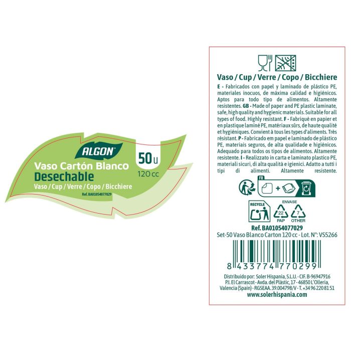 Algon Set 50 Vasos Blancos de Cartón 120 cc 7