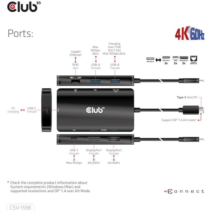 Club3D CSV-1598 Hub USB-C 7 en 1: 2xDisplayPort 4K60Hz, 2xUSB, 2xUSB-C, LAN Gigabit Ethernet, PD 100W 13 Club3D CSV-1598 Hub USB-C 7 en 1: 2xDisplayPort 4K60Hz, 2xUSB, 2xUSB-C, LAN Gigabit Ethernet, PD 100W 13