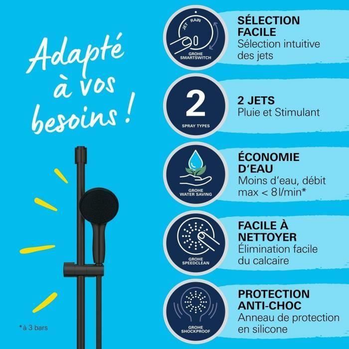 Set de ducha con rociador de 2 chorros, barra de 60 cm y flexo de 1,75 m - GROHE Vitalio Start 110 279482431 - Ahorro de agua - Negro mate 3 Set de ducha con rociador de 2 chorros, barra de 60 cm y flexo de 1,75 m - GROHE Vitalio Start 110 279482431 - Ahorro de agua - Negro mate 3
