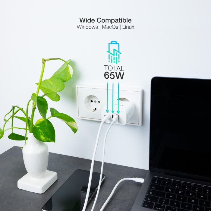 TooQ TQWC-GANQC2PD65WT Cargador de Pared GaN 65W Carga Rápida para Móviles y Portátiles, 2x USB Tipo-C y 1x USB-A, Blanco 2 TooQ TQWC-GANQC2PD65WT Cargador de Pared GaN 65W Carga Rápida para Móviles y Portátiles, 2x USB Tipo-C y 1x USB-A, Blanco 2
