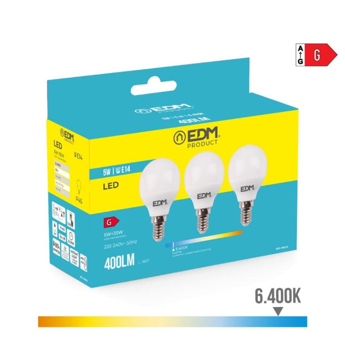 Edm Kit 3 bombillas esféricas LED E14 5W 400lm 6400K luz fría Ø4,5x8cm