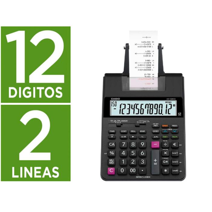 Calculadora Casio Hr-150Rce Impresora Pantalla Lc Papel 58 mm Impresion Bicolor 12 Digitos Ac-Dc Color Negro