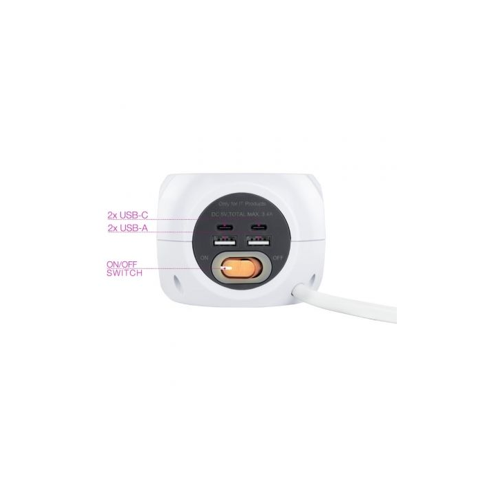 Regleta Nanocable 10.37.0001/ 3 Tomas de corriente/ 2 USB - 2 USB Tipo-C/ Cable 1.4m/ Blanca 2