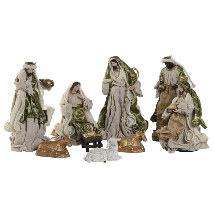 DKD Home Decor Nacimiento Navidad Moderno Beige Verde Poliéster - Set 9 Piezas para Decoración Navideña del Hogar 15x30x20 cm